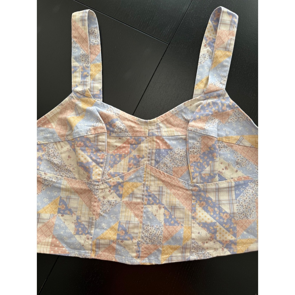 Forever 21 + Retro Patchwork Crop Top Womens 1X‎ Yellow/Blue Back Zip Stretch